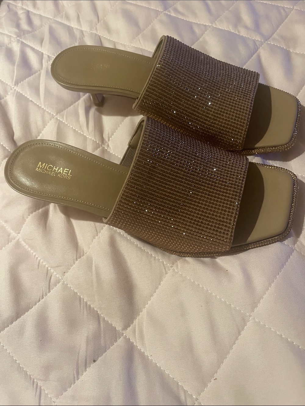 MICHAEL Michael Kors Taupe-Gold Rhinestone Slide Mules - Size 8 - Picture 2 of 4